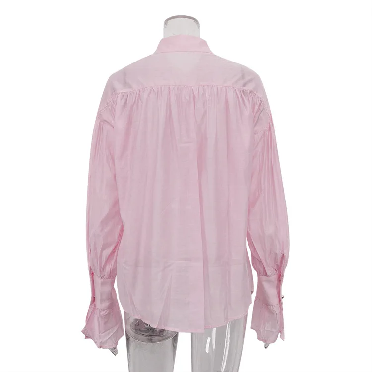 TARUXY Elegant Loose Pink Shirt Office Women's Long Sleeve Button Lapel Blouse Autumn Fashion Solid Color High Street Female Top