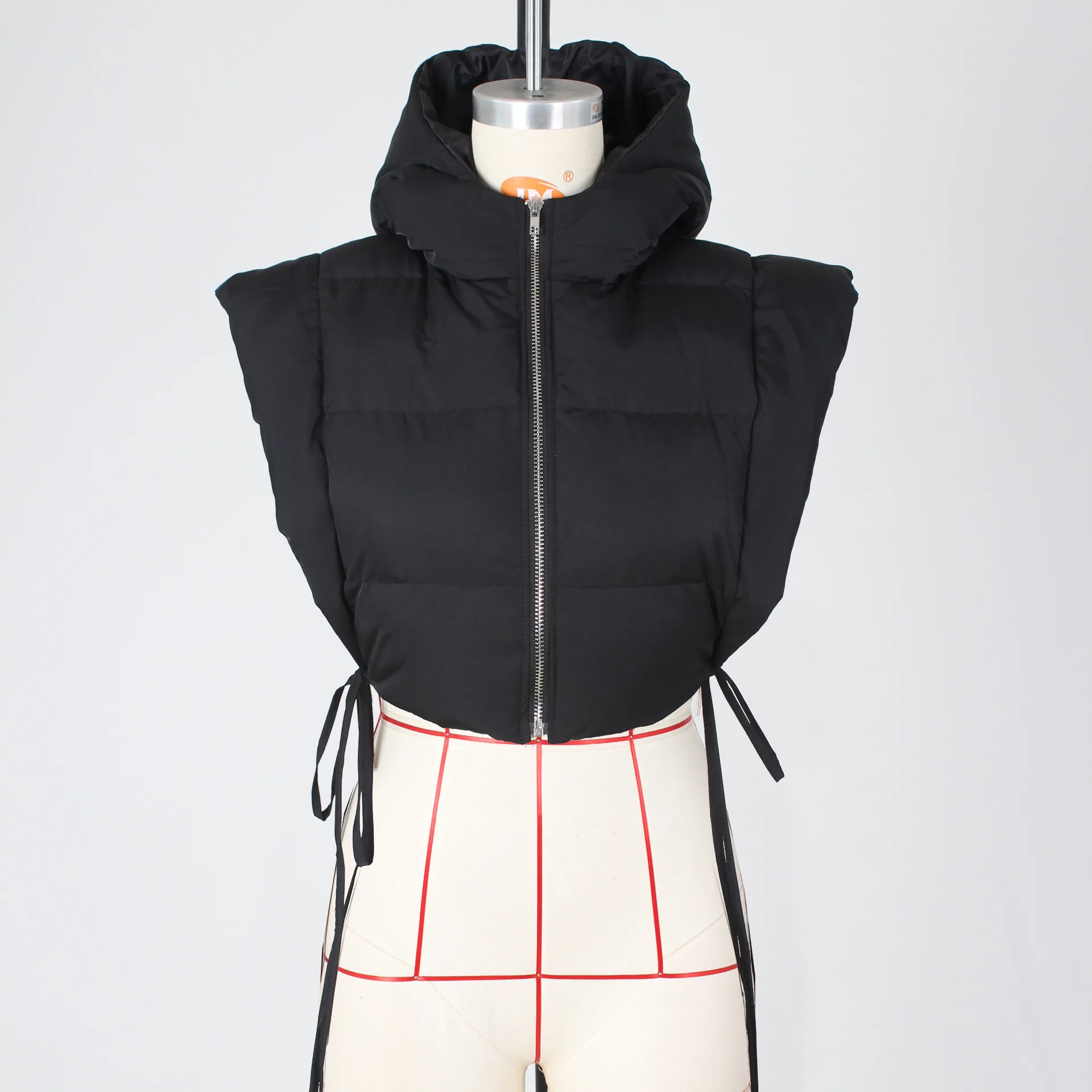 Women tie up hollow out side sexy hooded vest parkas for winter spring sleeveless jacket out coats