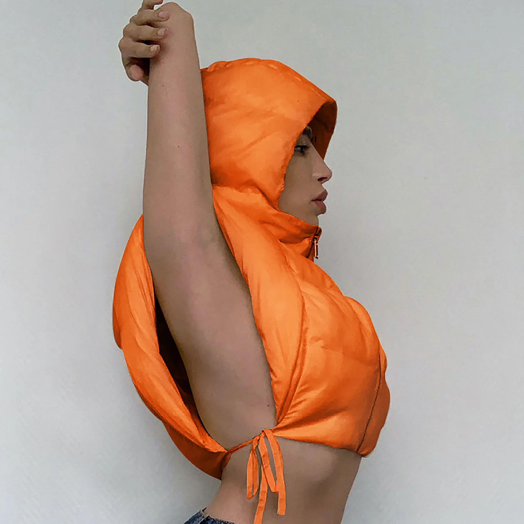 Women tie up hollow out side sexy hooded vest parkas for winter spring sleeveless jacket out coats