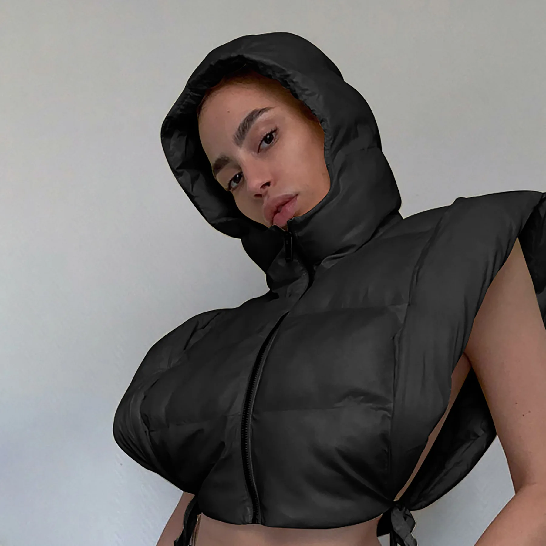 Women tie up hollow out side sexy hooded vest parkas for winter spring sleeveless jacket out coats