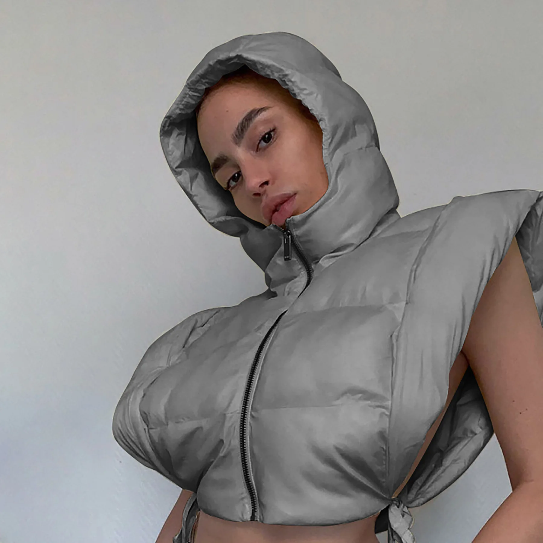 Women tie up hollow out side sexy hooded vest parkas for winter spring sleeveless jacket out coats