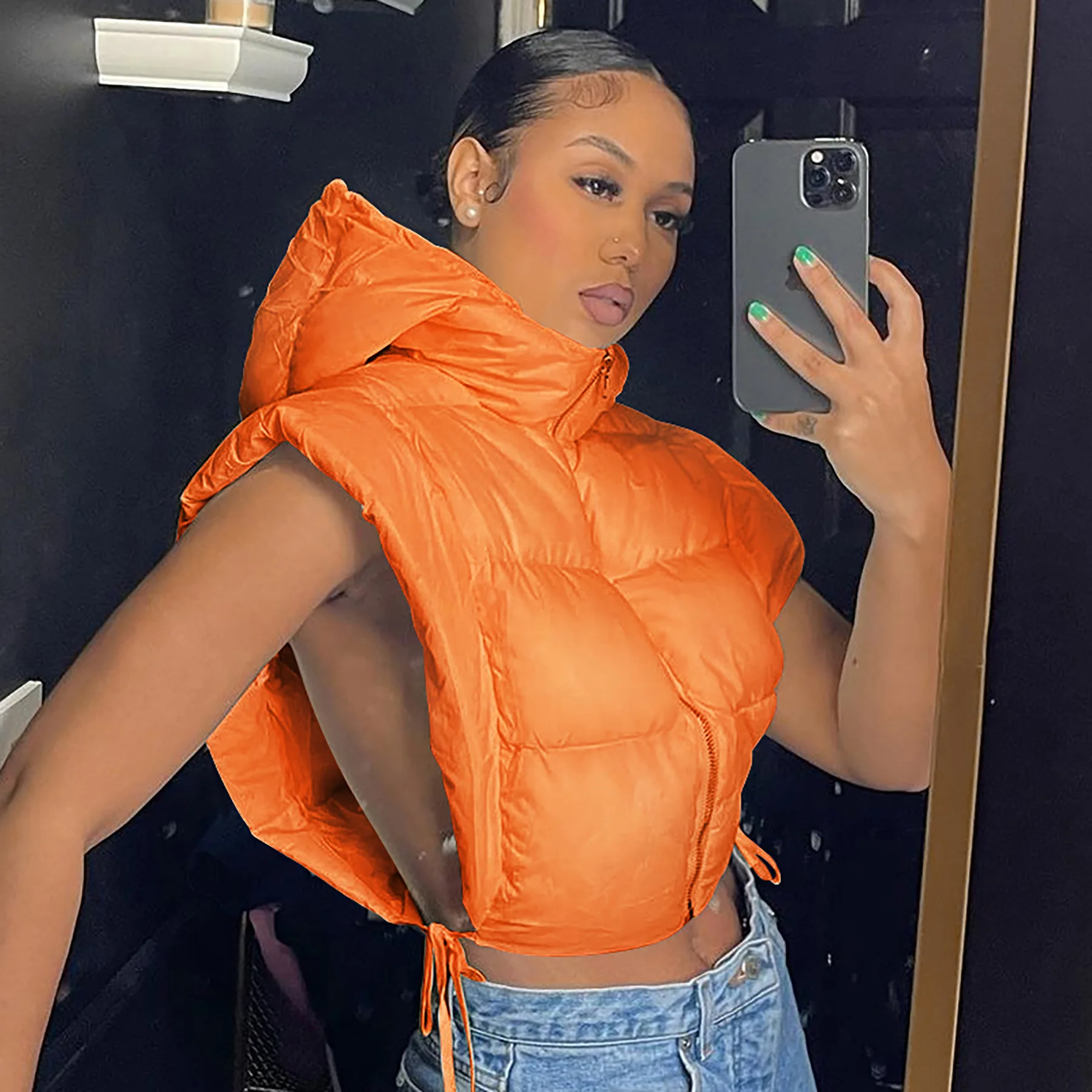 Women tie up hollow out side sexy hooded vest parkas for winter spring sleeveless jacket out coats