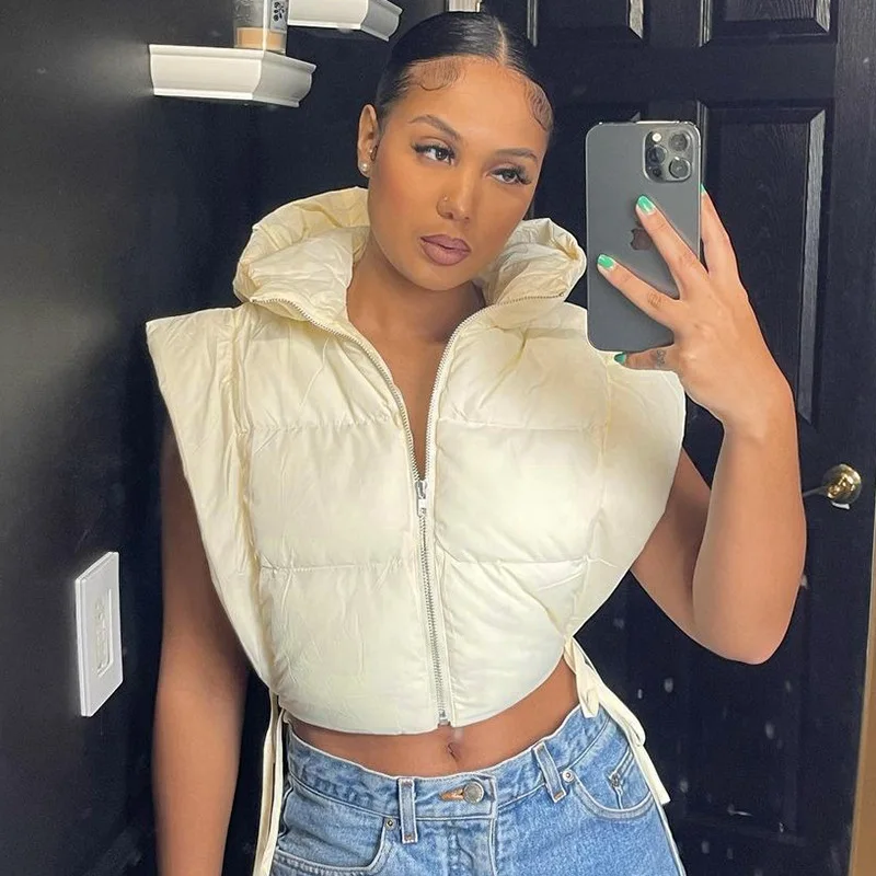Women tie up hollow out side sexy hooded vest parkas for winter spring sleeveless jacket out coats