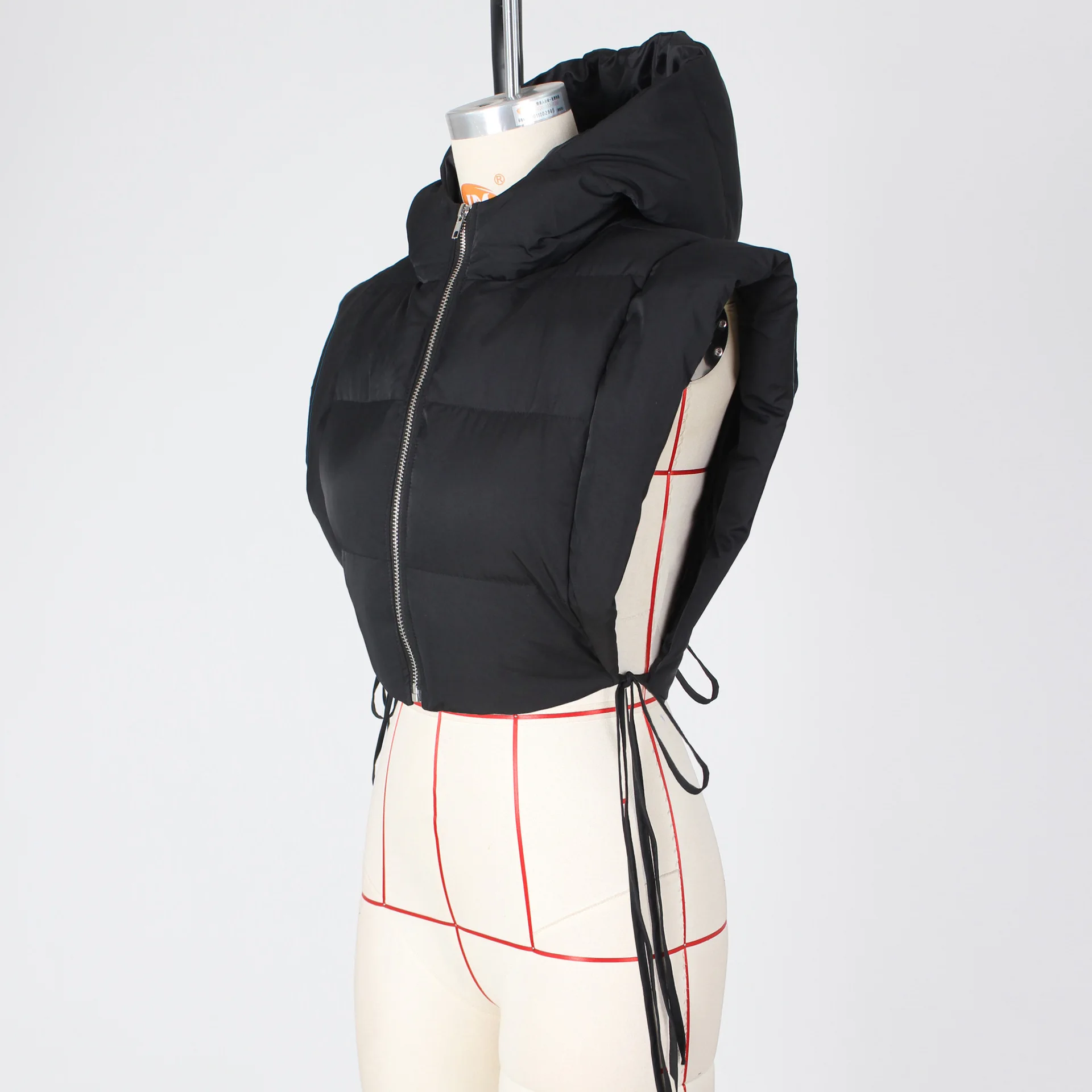 Women tie up hollow out side sexy hooded vest parkas for winter spring sleeveless jacket out coats
