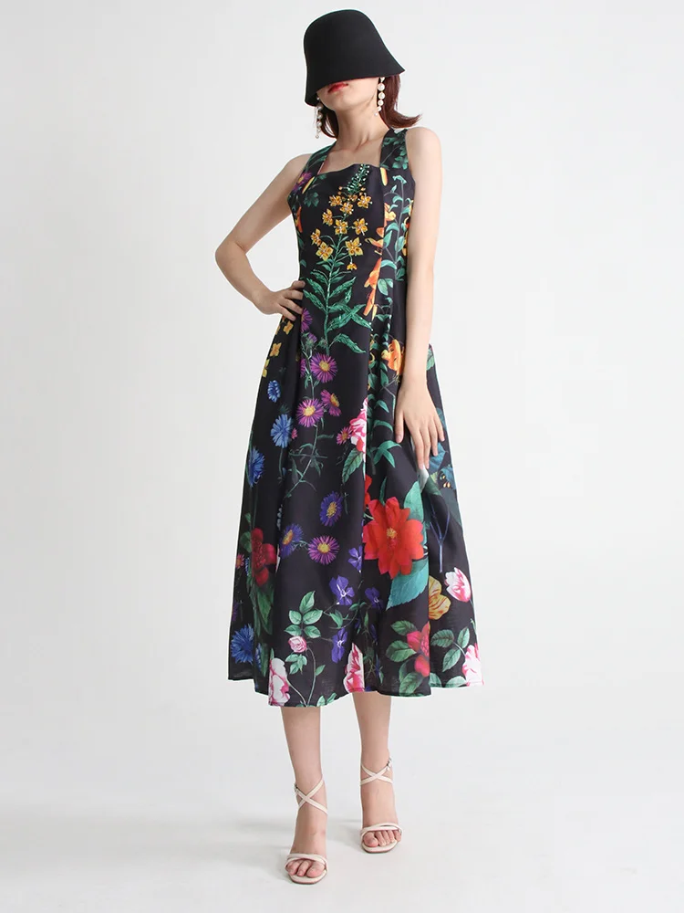 TWOTWINSTYLE Summer Loose Dress For Women Square Collar Sleeveless High Waist Print Colorblock Midi Dresses Female Clothing 2022