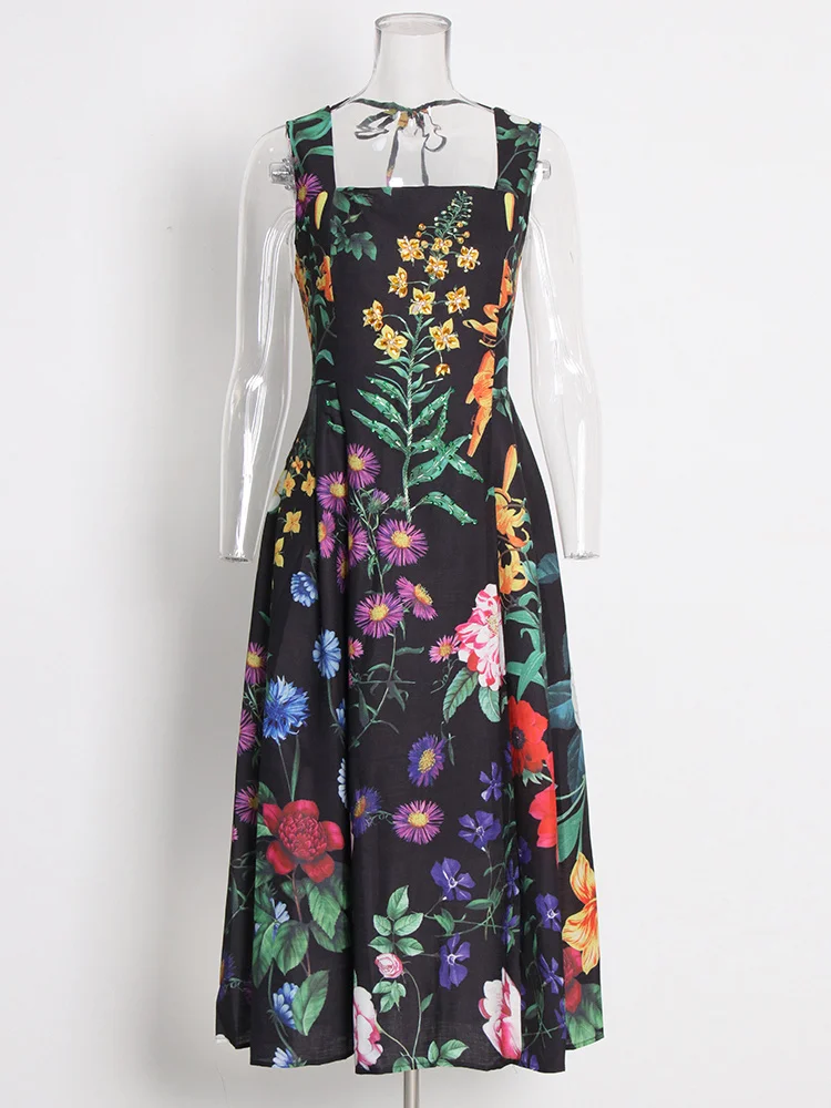 TWOTWINSTYLE Summer Loose Dress For Women Square Collar Sleeveless High Waist Print Colorblock Midi Dresses Female Clothing 2022