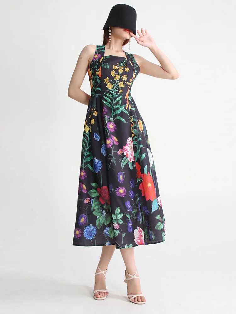 TWOTWINSTYLE Summer Loose Dress For Women Square Collar Sleeveless High Waist Print Colorblock Midi Dresses Female Clothing 2022