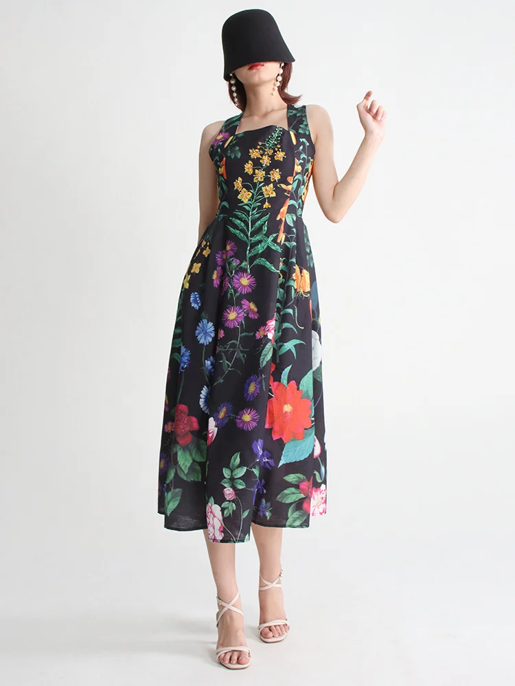 TWOTWINSTYLE Summer Loose Dress For Women Square Collar Sleeveless High Waist Print Colorblock Midi Dresses Female Clothing 2022