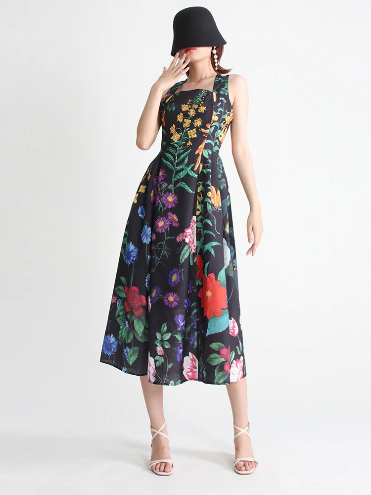 TWOTWINSTYLE Summer Loose Dress For Women Square Collar Sleeveless High Waist Print Colorblock Midi Dresses Female Clothing 2022