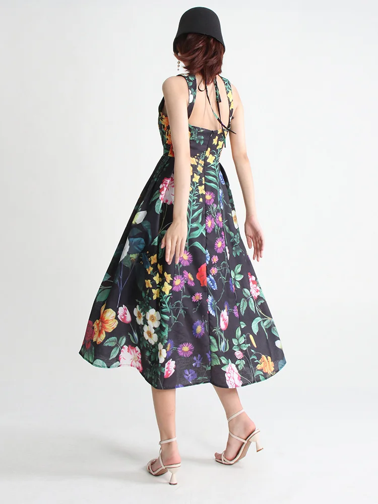 TWOTWINSTYLE Summer Loose Dress For Women Square Collar Sleeveless High Waist Print Colorblock Midi Dresses Female Clothing 2022