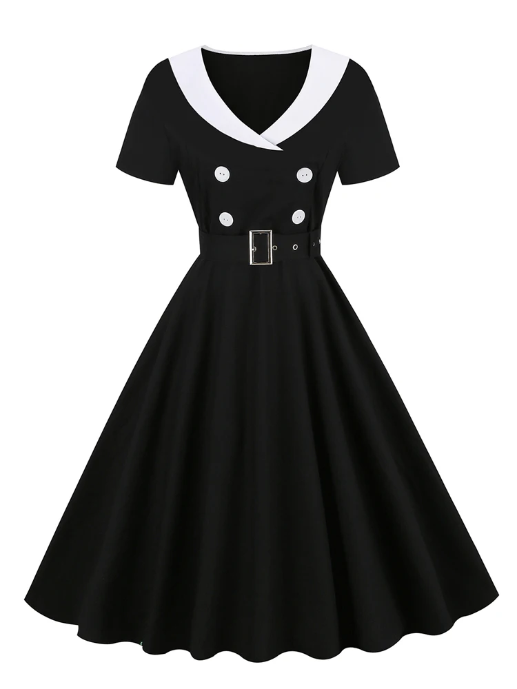 Tonval 1950s Women Vintage Summer Shawl Collar Double-Breasted Belted Elegant Dress Short Sleeve Cotton Midi Dresses 2026