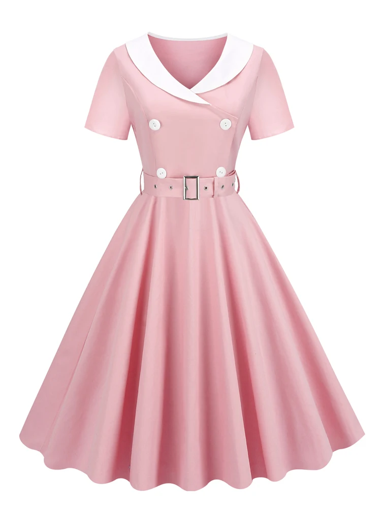 Tonval 1950s Women Vintage Summer Shawl Collar Double-Breasted Belted Elegant Dress Short Sleeve Cotton Midi Dresses 2026