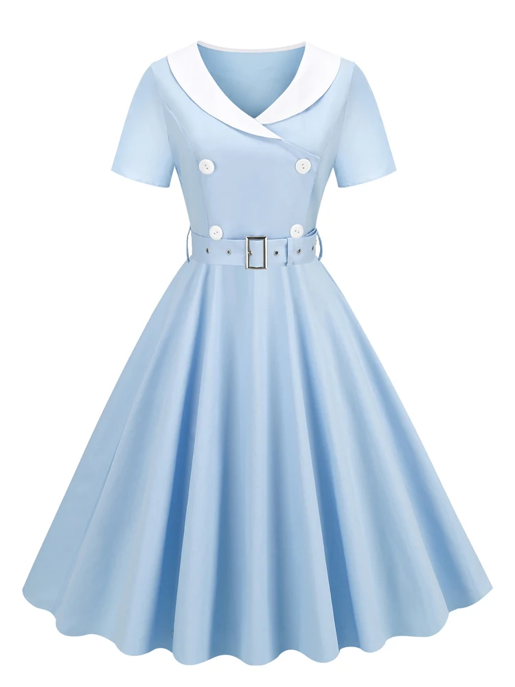 Tonval 1950s Women Vintage Summer Shawl Collar Double-Breasted Belted Elegant Dress Short Sleeve Cotton Midi Dresses 2026
