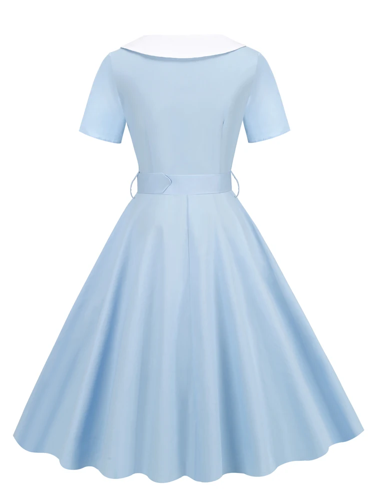 Tonval 1950s Women Vintage Summer Shawl Collar Double-Breasted Belted Elegant Dress Short Sleeve Cotton Midi Dresses 2026