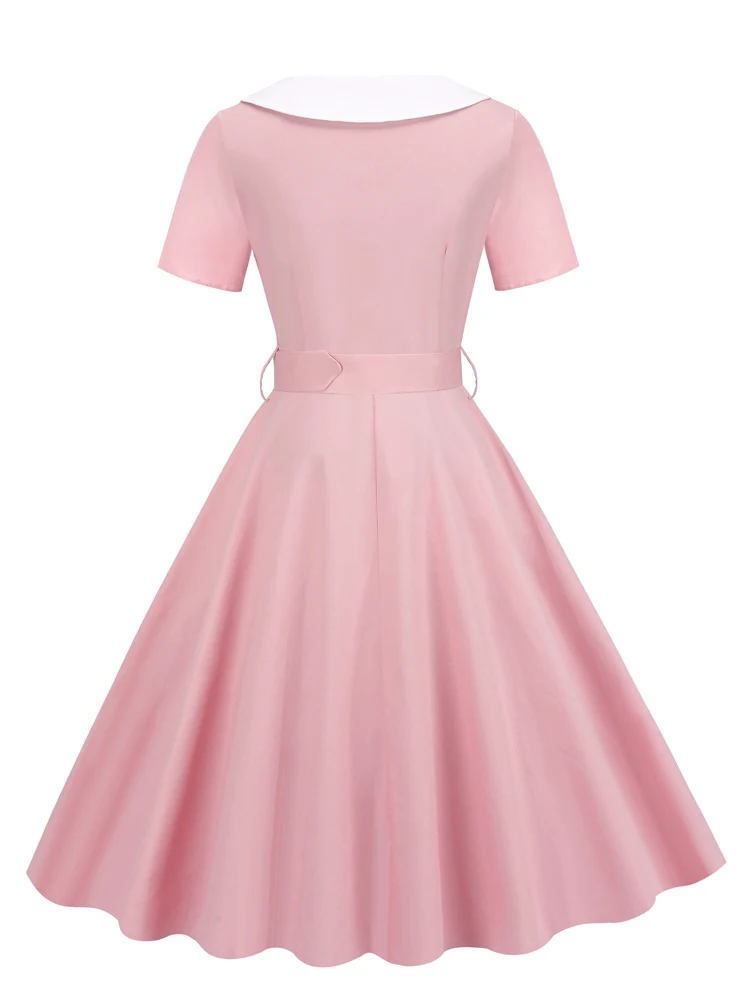 Tonval 1950s Women Vintage Summer Shawl Collar Double-Breasted Belted Elegant Dress Short Sleeve Cotton Midi Dresses 2026