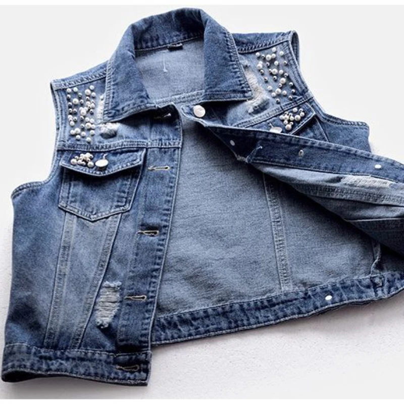 JMPRS Denim Women Vest Luxury Pearls Fashion Ripped Autumn Jeans Jacket Sleeveless Loose Short Coat Causal Waistcoats 5XL