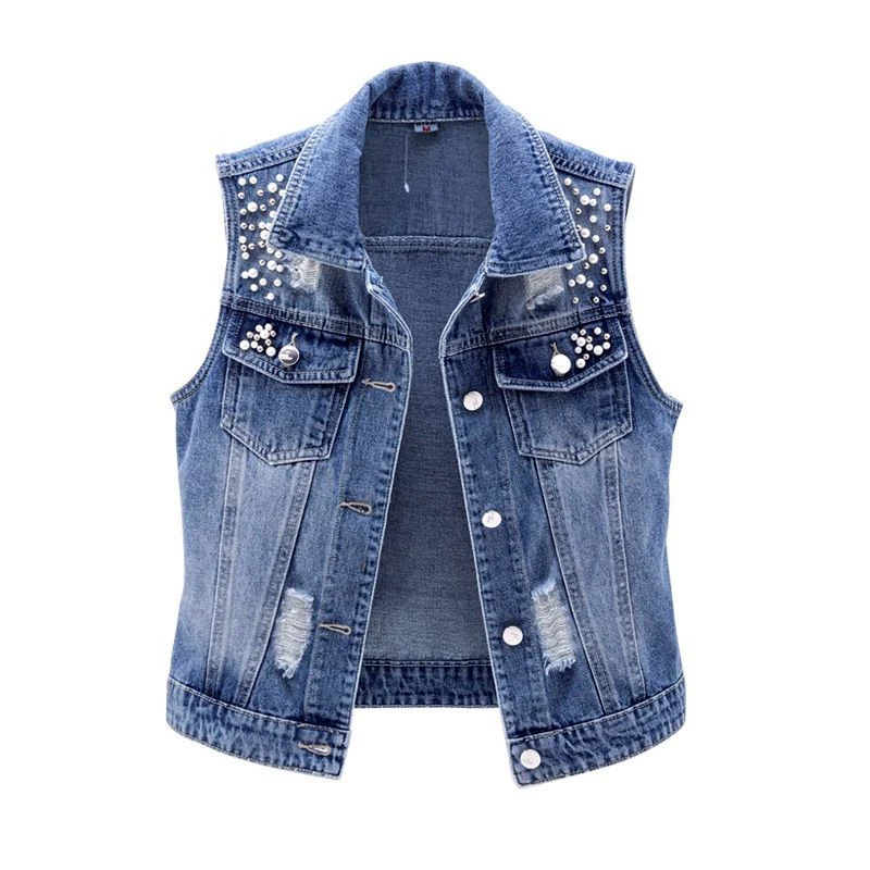 JMPRS Denim Women Vest Luxury Pearls Fashion Ripped Autumn Jeans Jacket Sleeveless Loose Short Coat Causal Waistcoats 5XL