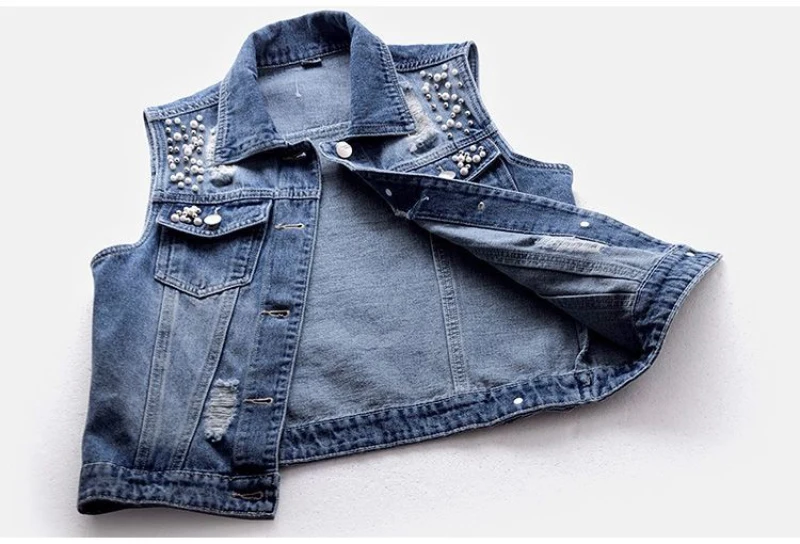 JMPRS Denim Women Vest Luxury Pearls Fashion Ripped Autumn Jeans Jacket Sleeveless Loose Short Coat Causal Waistcoats 5XL