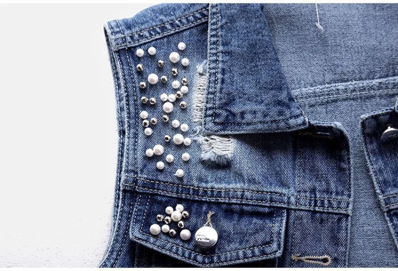 JMPRS Denim Women Vest Luxury Pearls Fashion Ripped Autumn Jeans Jacket Sleeveless Loose Short Coat Causal Waistcoats 5XL