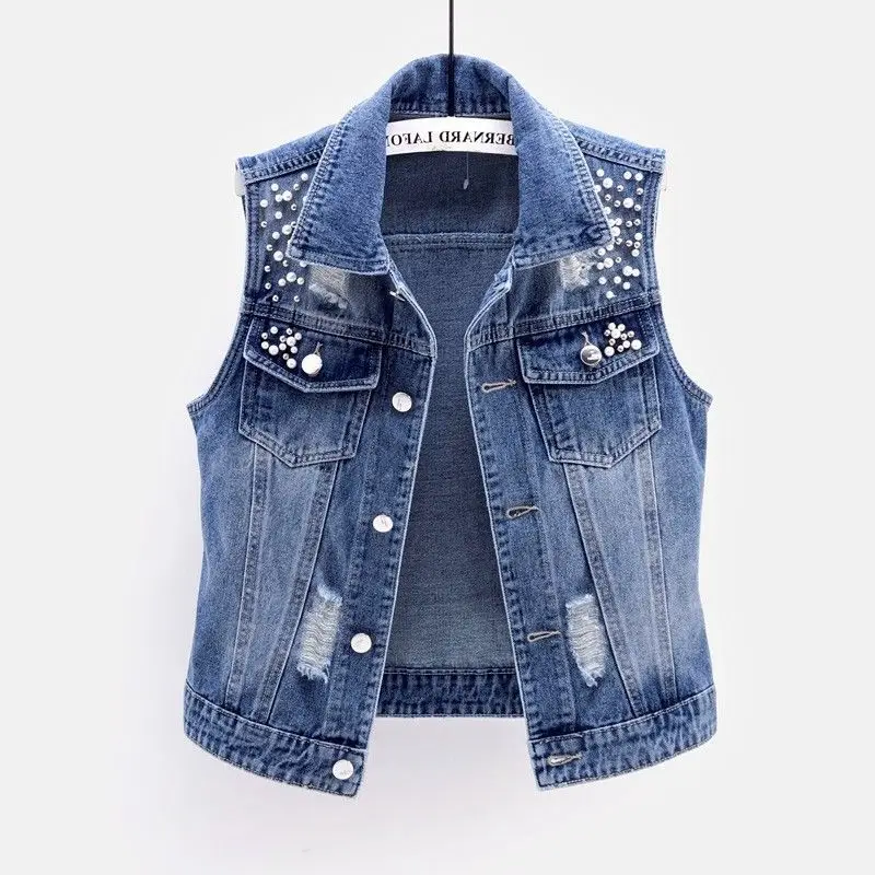 JMPRS Denim Women Vest Luxury Pearls Fashion Ripped Autumn Jeans Jacket Sleeveless Loose Short Coat Causal Waistcoats 5XL
