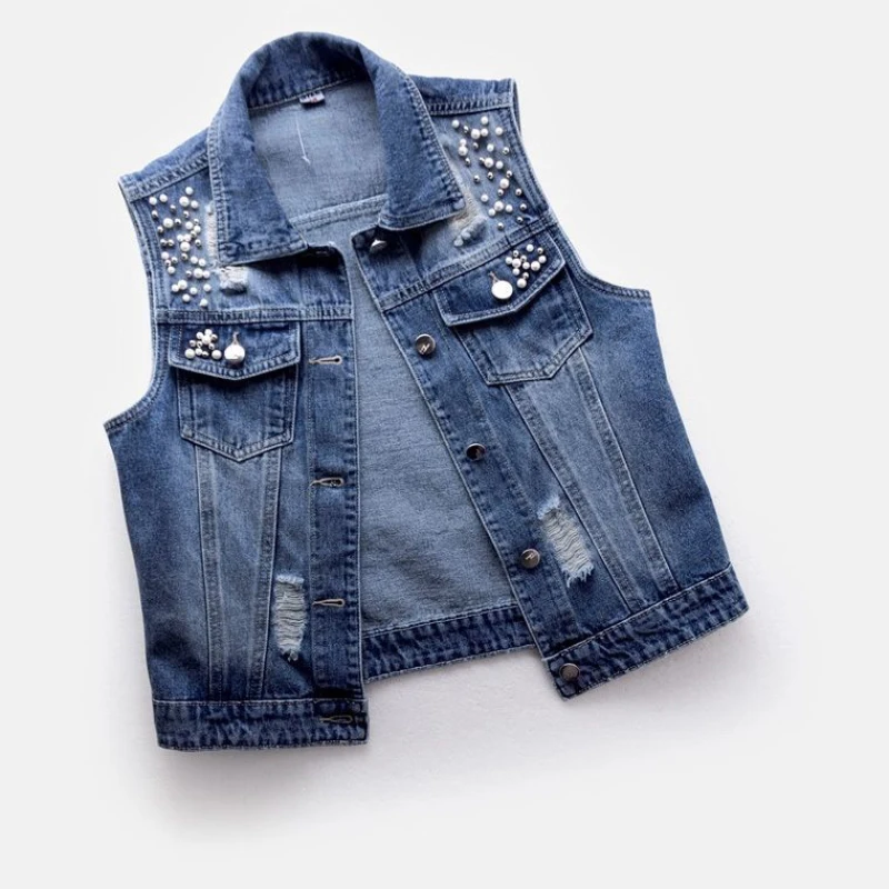 JMPRS Denim Women Vest Luxury Pearls Fashion Ripped Autumn Jeans Jacket Sleeveless Loose Short Coat Causal Waistcoats 5XL