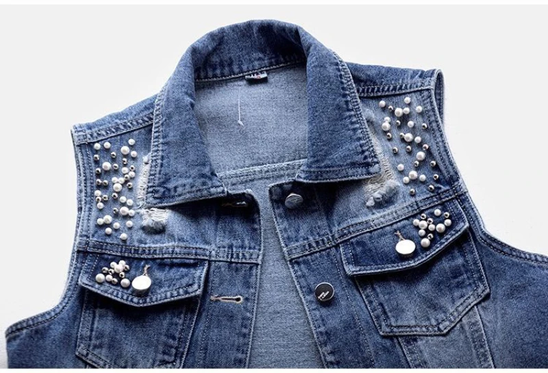 JMPRS Denim Women Vest Luxury Pearls Fashion Ripped Autumn Jeans Jacket Sleeveless Loose Short Coat Causal Waistcoats 5XL