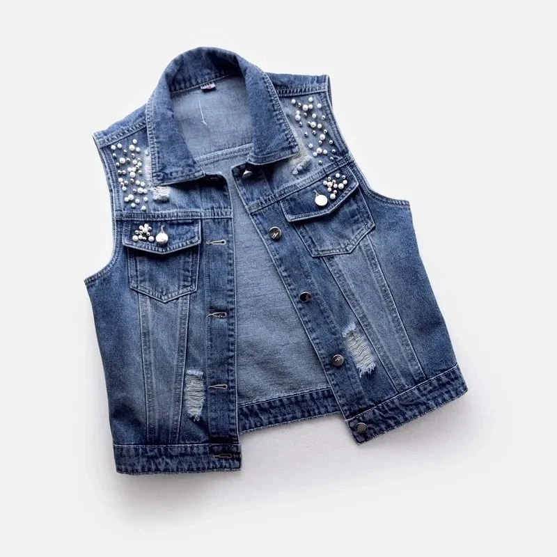JMPRS Denim Women Vest Luxury Pearls Fashion Ripped Autumn Jeans Jacket Sleeveless Loose Short Coat Causal Waistcoats 5XL