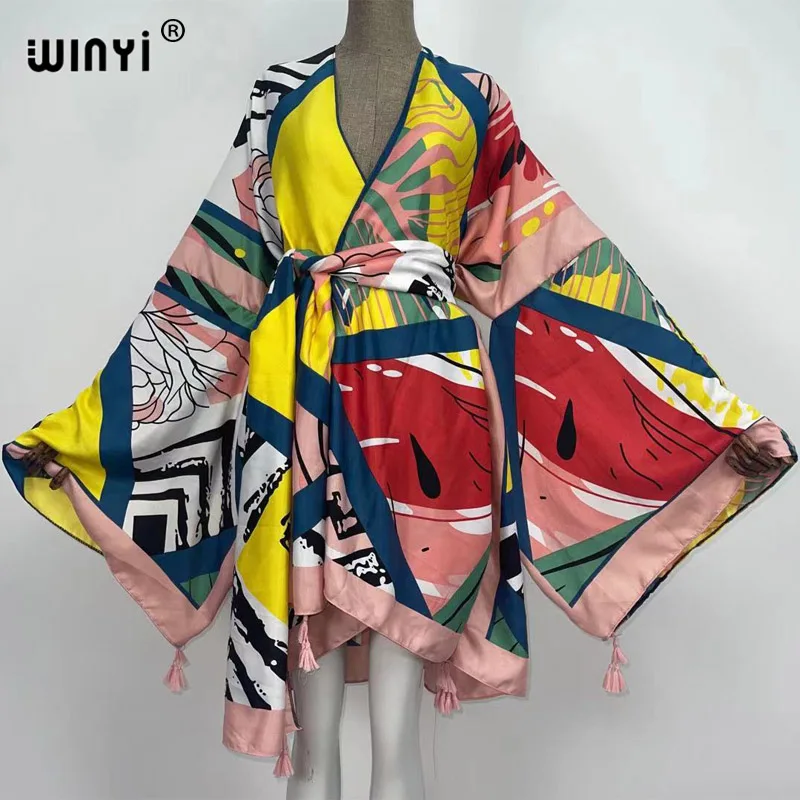 WINYI 2021 America Summer Women Cardigan stitch robe Cocktail sexcy Boho Maxi African Holiday Batwing Sleeve cotton feeling Robe