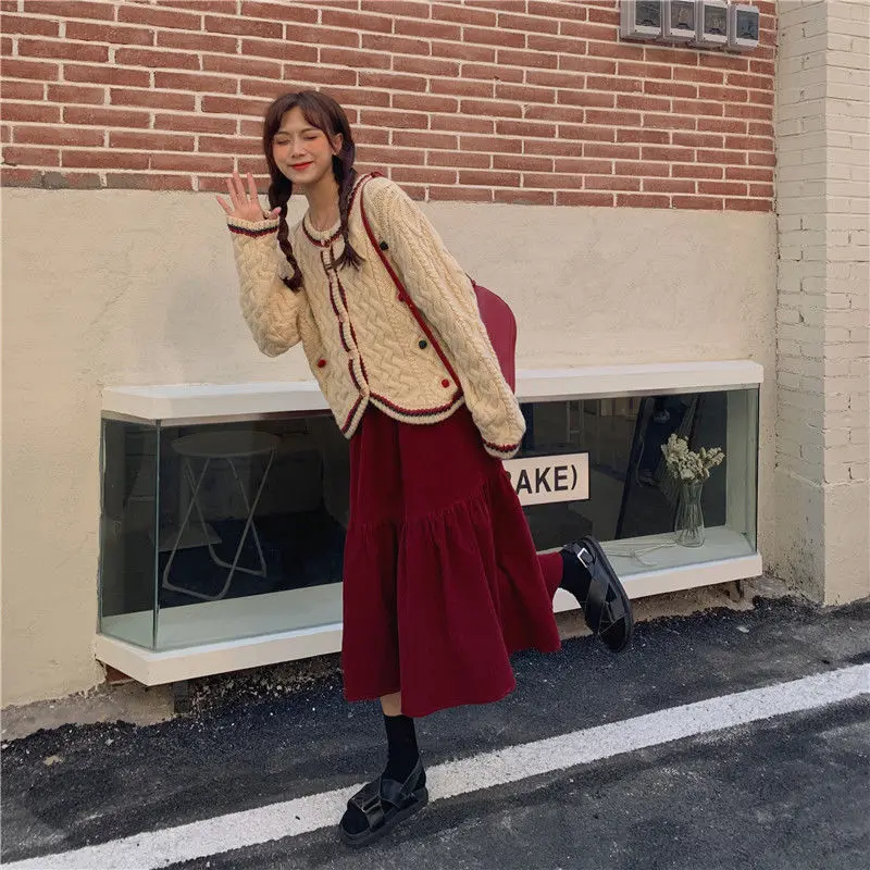 2026 Spring/Autumn Women Skirts High Waist Student Korean Style Dark Vintage Ruffle Long A-line Skirts Woman Fashion