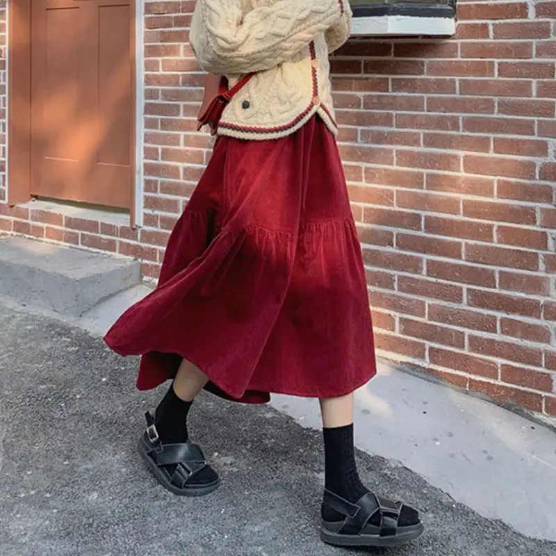 2026 Spring/Autumn Women Skirts High Waist Student Korean Style Dark Vintage Ruffle Long A-line Skirts Woman Fashion