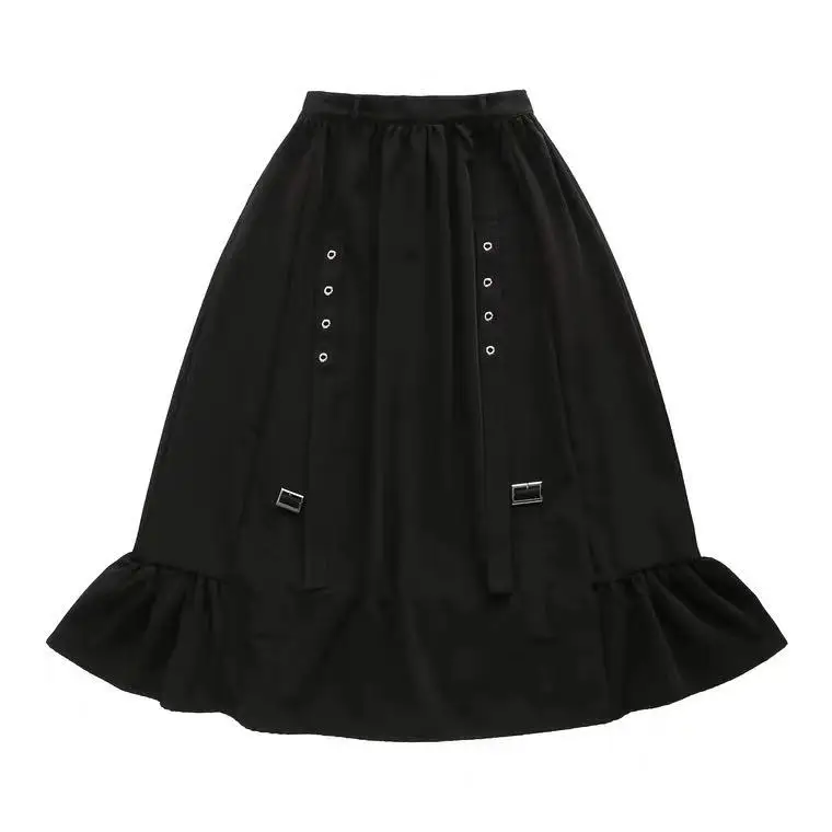 2026 Spring/Autumn Women Skirts High Waist Student Korean Style Dark Vintage Ruffle Long A-line Skirts Woman Fashion