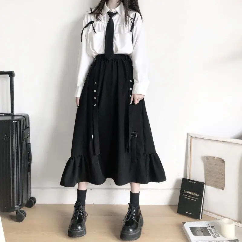 2026 Spring/Autumn Women Skirts High Waist Student Korean Style Dark Vintage Ruffle Long A-line Skirts Woman Fashion
