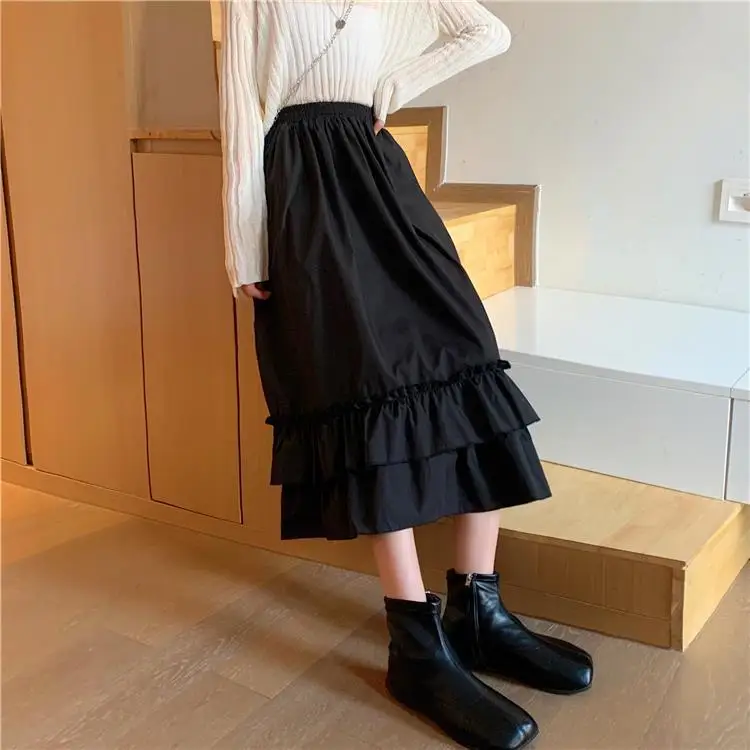 2026 Spring/Autumn Women Skirts High Waist Student Korean Style Dark Vintage Ruffle Long A-line Skirts Woman Fashion