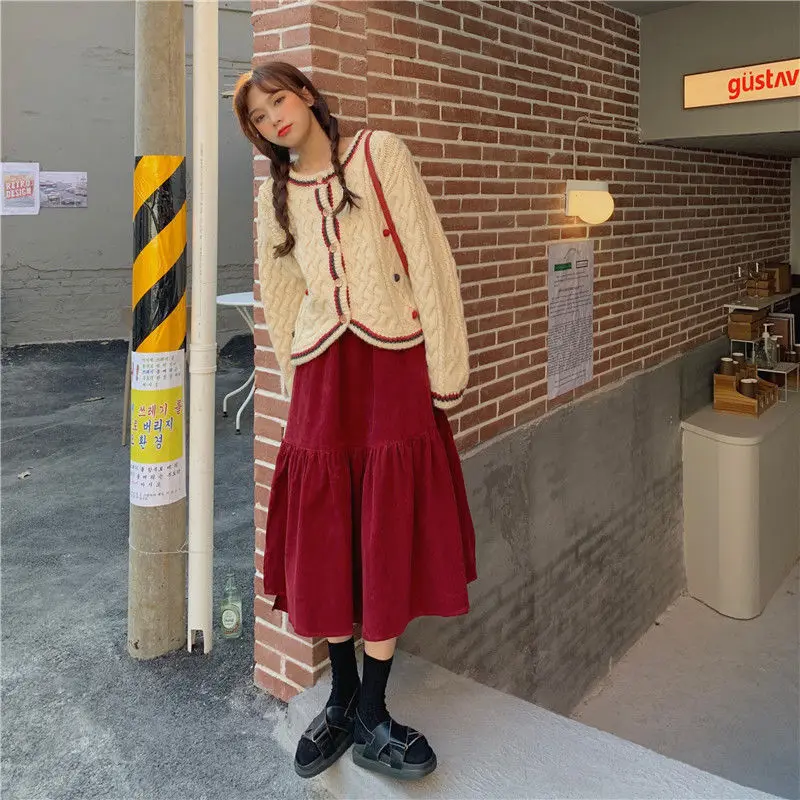 2026 Spring/Autumn Women Skirts High Waist Student Korean Style Dark Vintage Ruffle Long A-line Skirts Woman Fashion
