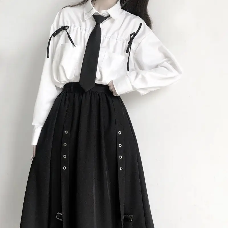 2026 Spring/Autumn Women Skirts High Waist Student Korean Style Dark Vintage Ruffle Long A-line Skirts Woman Fashion