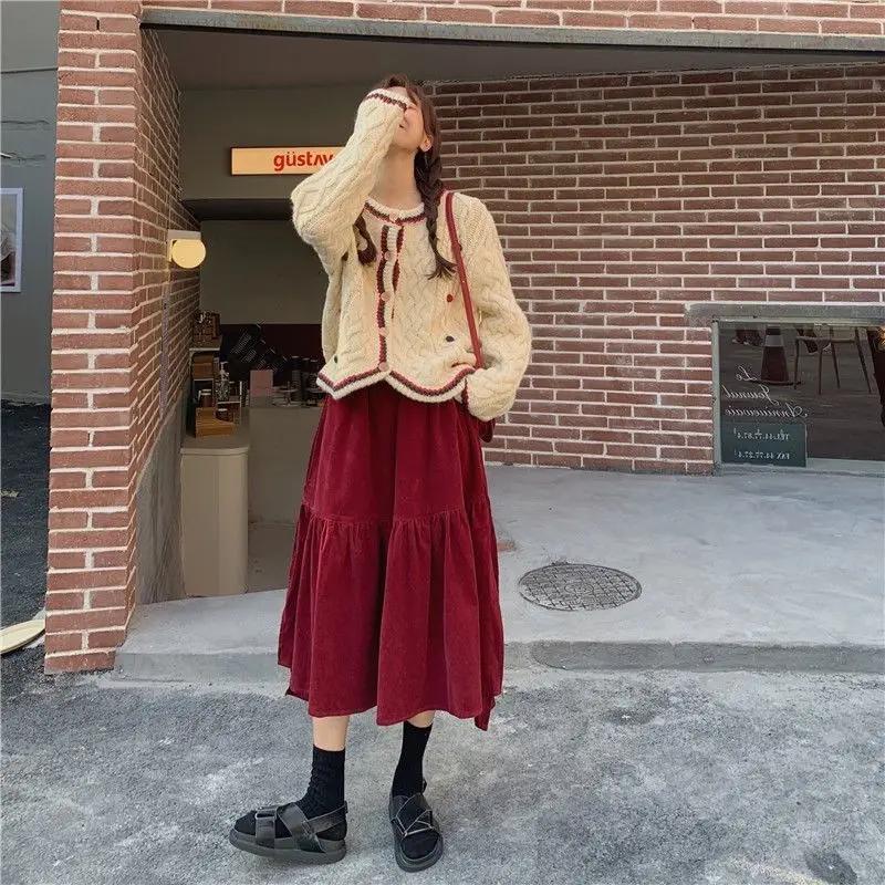 2026 Spring/Autumn Women Skirts High Waist Student Korean Style Dark Vintage Ruffle Long A-line Skirts Woman Fashion