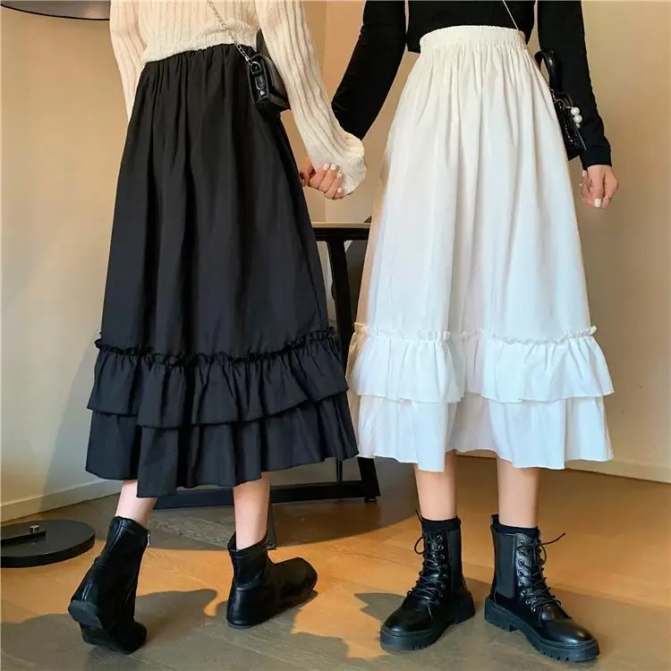2026 Spring/Autumn Women Skirts High Waist Student Korean Style Dark Vintage Ruffle Long A-line Skirts Woman Fashion
