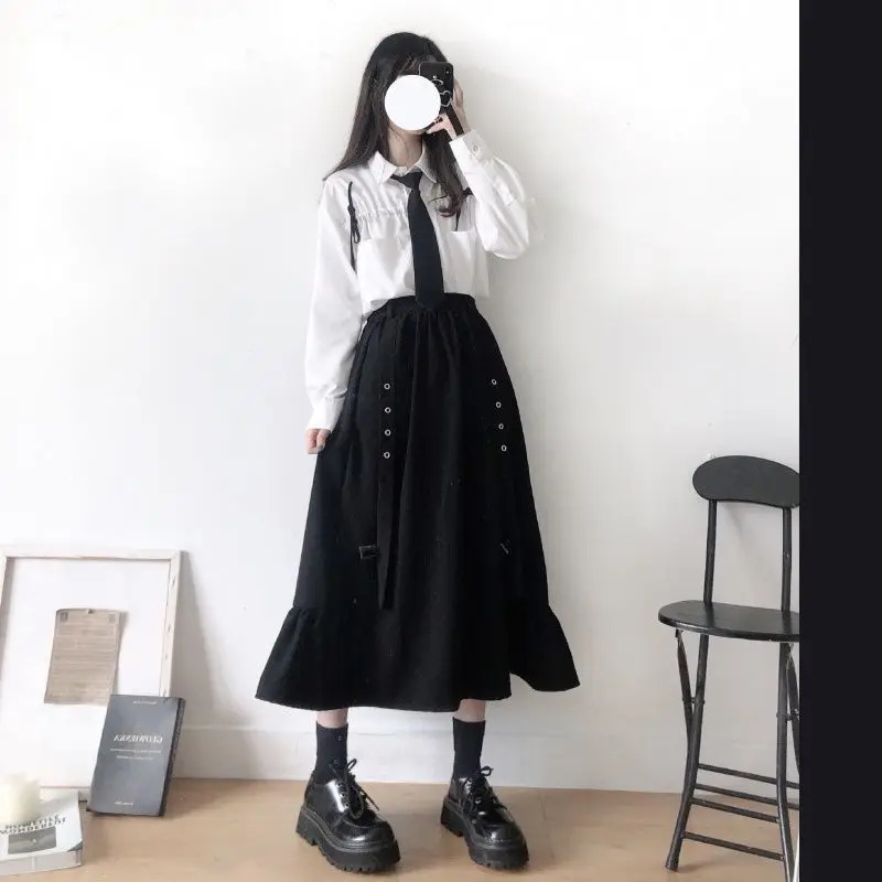 2026 Spring/Autumn Women Skirts High Waist Student Korean Style Dark Vintage Ruffle Long A-line Skirts Woman Fashion