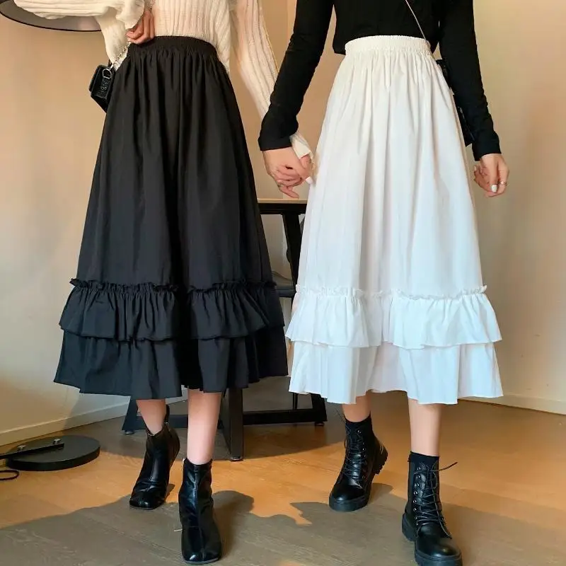 2026 Spring/Autumn Women Skirts High Waist Student Korean Style Dark Vintage Ruffle Long A-line Skirts Woman Fashion