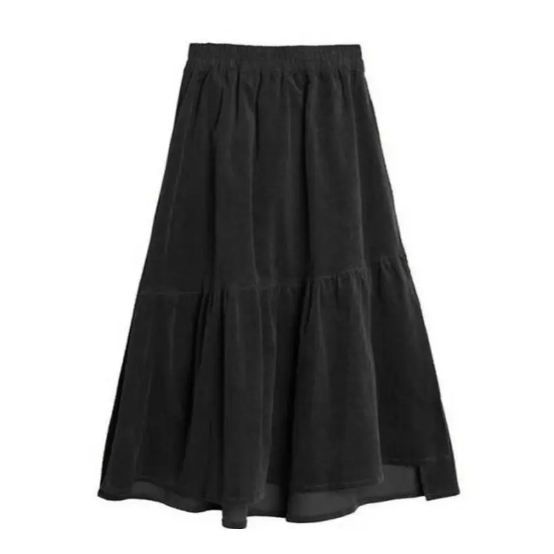 2026 Spring/Autumn Women Skirts High Waist Student Korean Style Dark Vintage Ruffle Long A-line Skirts Woman Fashion