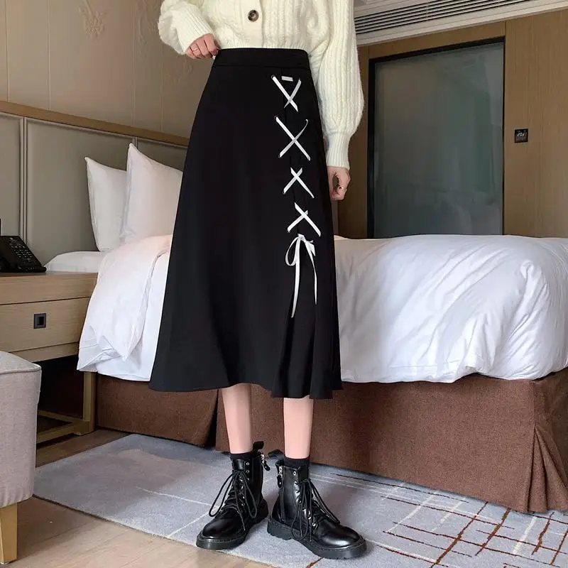 2026 Spring/Autumn Women Skirts High Waist Student Korean Style Dark Vintage Ruffle Long A-line Skirts Woman Fashion