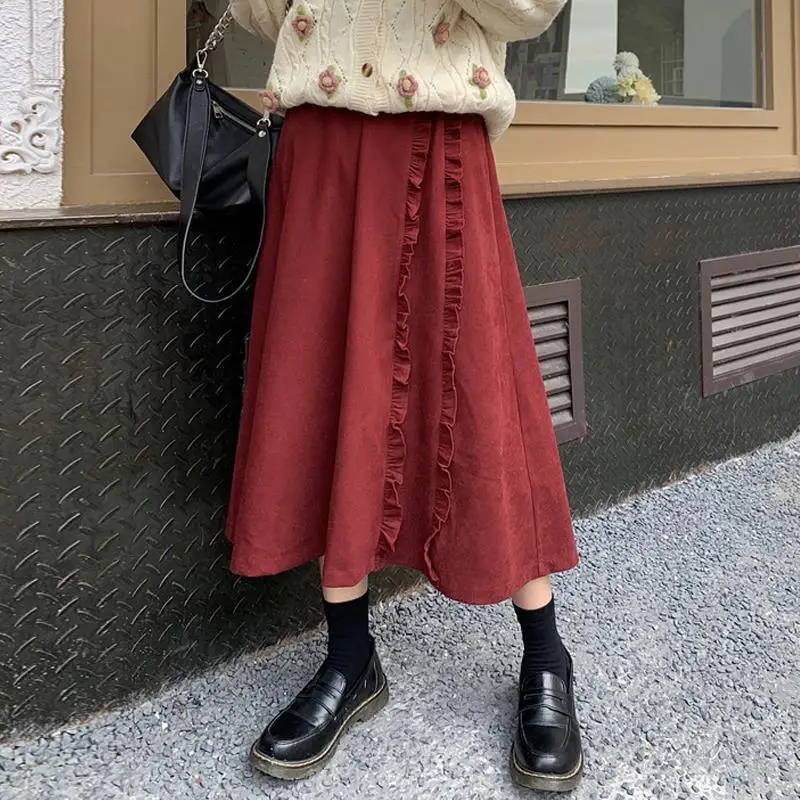 2026 Spring/Autumn Women Skirts High Waist Student Korean Style Dark Vintage Ruffle Long A-line Skirts Woman Fashion