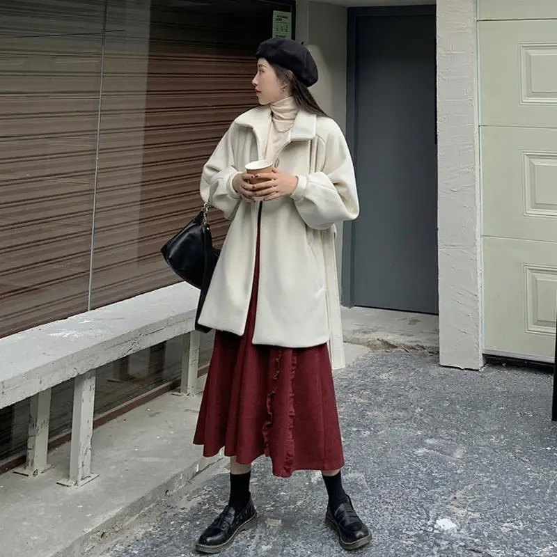 2026 Spring/Autumn Women Skirts High Waist Student Korean Style Dark Vintage Ruffle Long A-line Skirts Woman Fashion