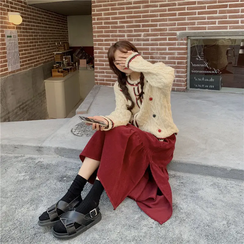 2026 Spring/Autumn Women Skirts High Waist Student Korean Style Dark Vintage Ruffle Long A-line Skirts Woman Fashion