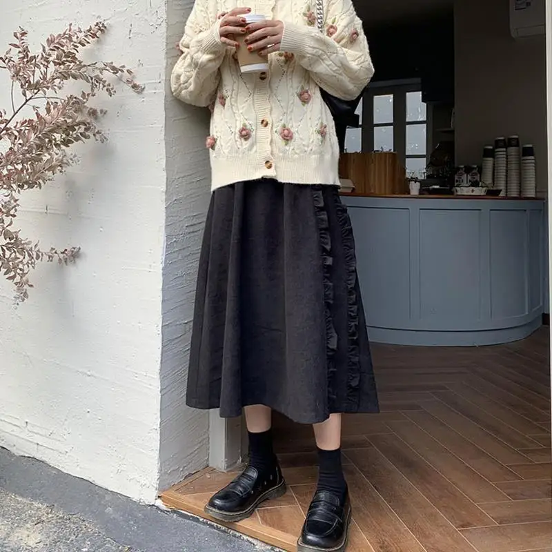 2026 Spring/Autumn Women Skirts High Waist Student Korean Style Dark Vintage Ruffle Long A-line Skirts Woman Fashion