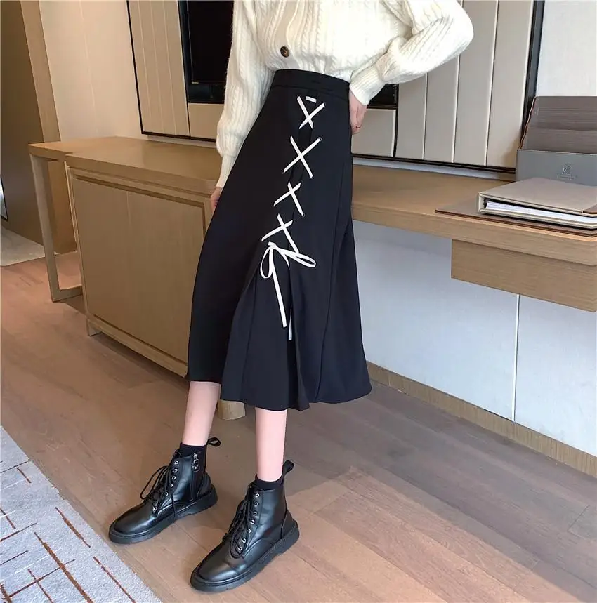 2026 Spring/Autumn Women Skirts High Waist Student Korean Style Dark Vintage Ruffle Long A-line Skirts Woman Fashion