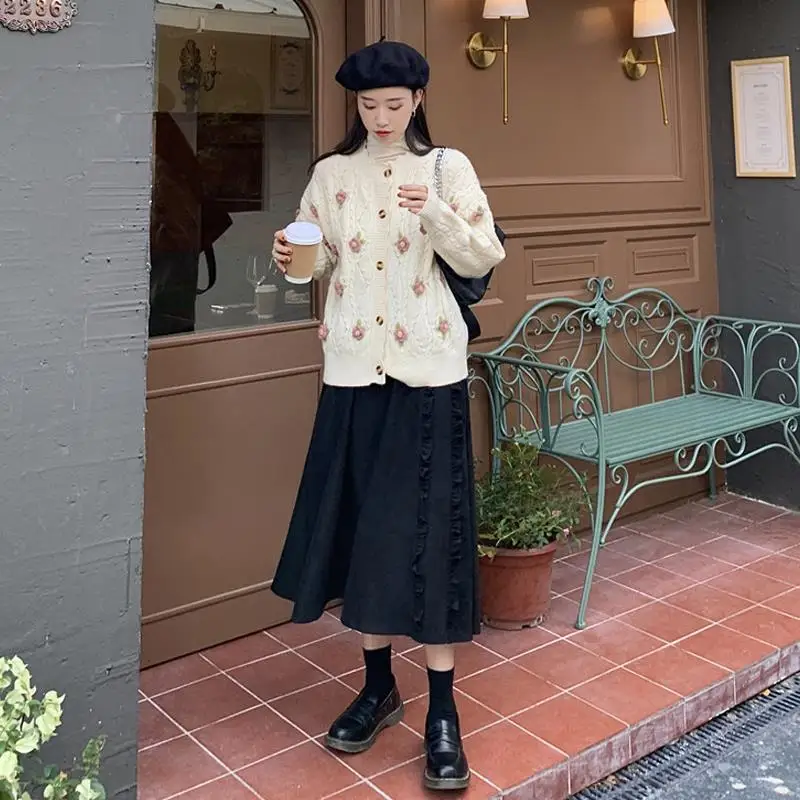 2026 Spring/Autumn Women Skirts High Waist Student Korean Style Dark Vintage Ruffle Long A-line Skirts Woman Fashion