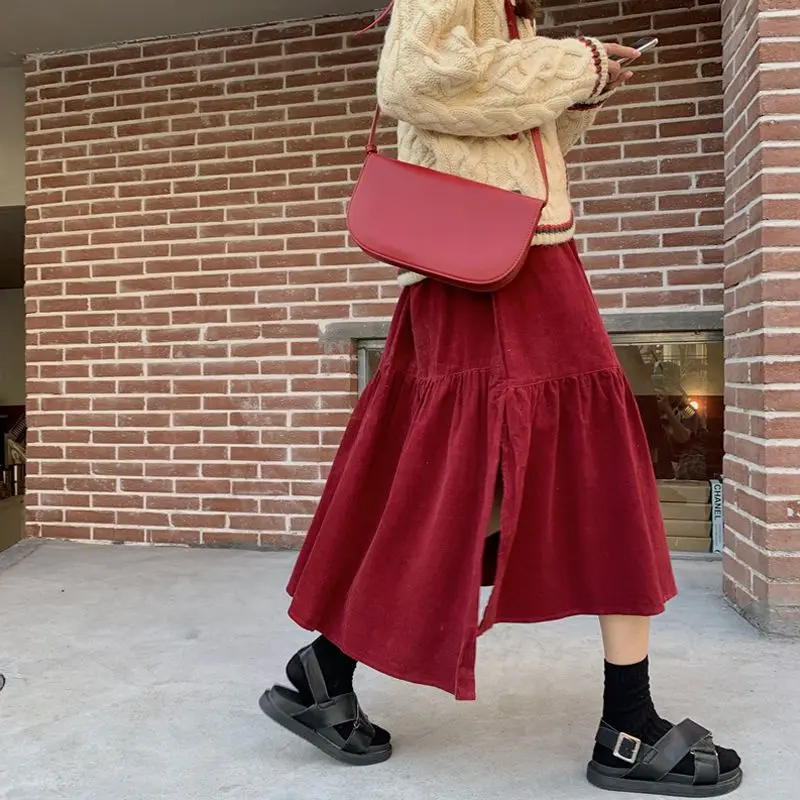 2026 Spring/Autumn Women Skirts High Waist Student Korean Style Dark Vintage Ruffle Long A-line Skirts Woman Fashion