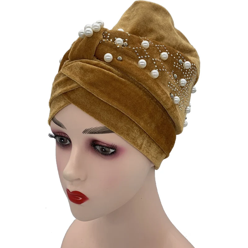 2022 Lastest Beading Turban Bonnet for Women Soft Velvet Hijab Turbans Muslim Head Wraps Islamic Headwear Turbante Mujer