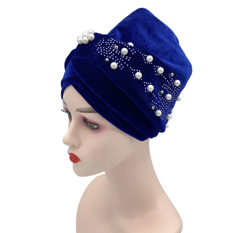 2022 Lastest Beading Turban Bonnet for Women Soft Velvet Hijab Turbans Muslim Head Wraps Islamic Headwear Turbante Mujer